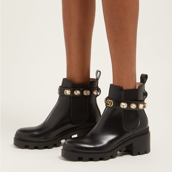 New GUCCI GG Calfskin Crystal GG Trip black Chelsea Ankle Boots - Picture 2 of 10